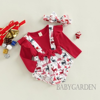 Babygarden-0-18months เสื้อแขนยาว คอกลม พิมพ์ลายกวาง คริสต์มาส พร้อมที่คาดผม ประดับโบว์ สําหรับเด็กผู้หญิง