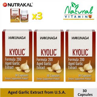 Nutrakal Kyolic 200 สารสกัดกระเทียมบ่มพิเศษออร์แกนิก 100%  30 แคปซูล x 3 ขวด จาก USA บำรุงหัวใจ ลดไขมันในเลือด คุมระดับความดันโลหิต เสริมภูมิคุ้มกัน