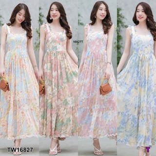 TT16827 แม็กซี่เดรสแขนกุดแต่งระบาย ลายดอก.Sleeveless maxi dress with floral pattern..