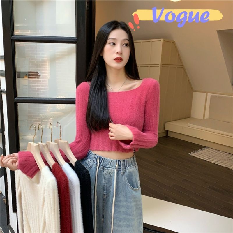 Vogue พร้อมส่ง เสื้อครอปสั้นไหมพรมแขนยาว ดีเทลขนมุ้งมิ้ง น่ารักมาก (C587) -C