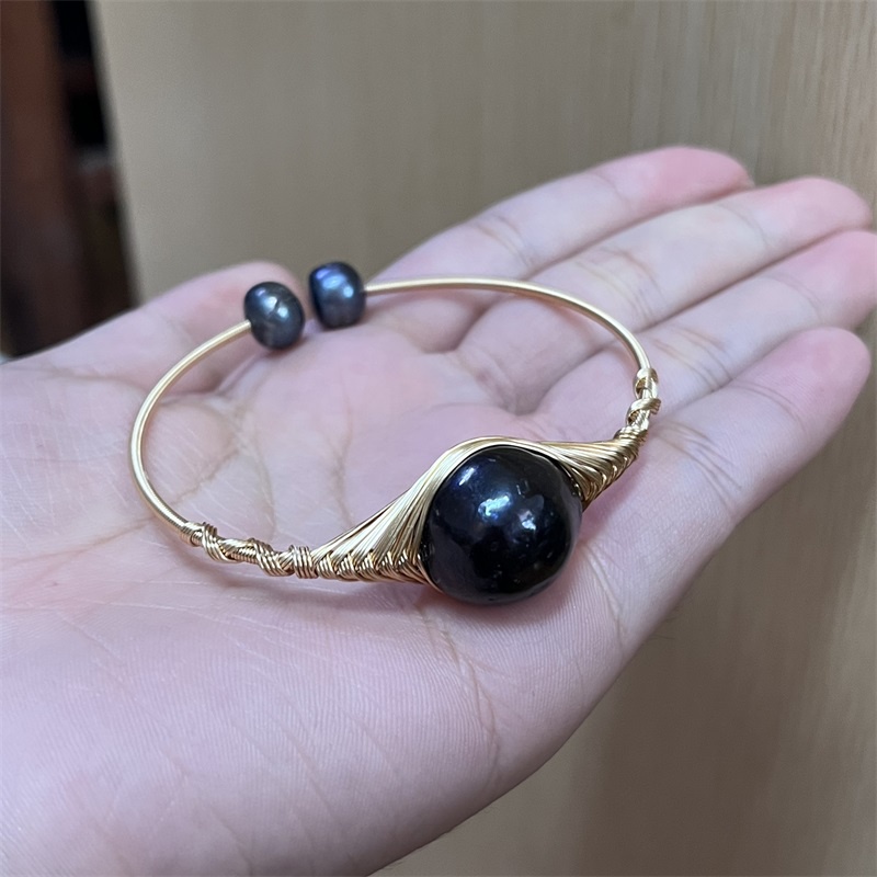 สร้อยข้อมือ ประดับไข่มุกน้ําจืดธรรมชาติ ทรงกลม ขนาดใหญ่ สามารถปรับได้ สีดํา