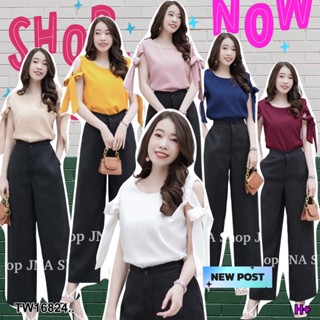 TwinsShopVip💗พร้อมส่ง TW16824 Set 2 ชิ้น เสื้อผูกโบว์แขน +กางเกงขายาว..Set 2 pieces Bow tie sleeves + long pan