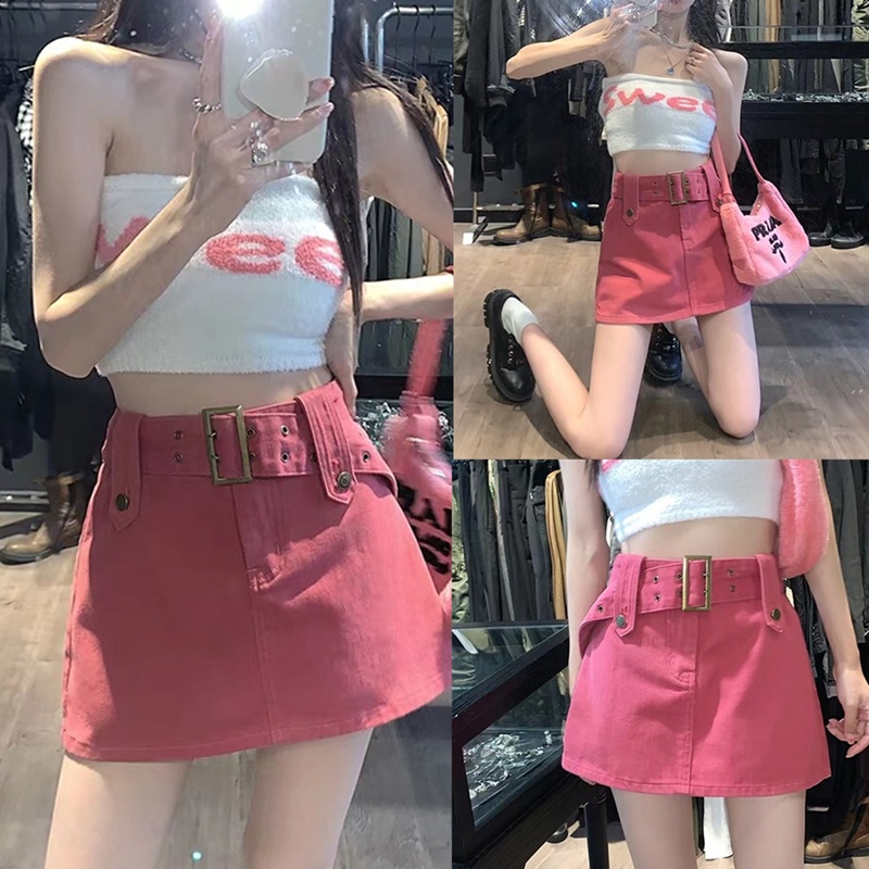 S-4XL กระโปรงยีนส์สั้น y2k ซับในเป็นกางเกง ไม่ยืด แถมเข็มขัด เก๋ๆโชว์ขาอ่อนแซ่บๆ