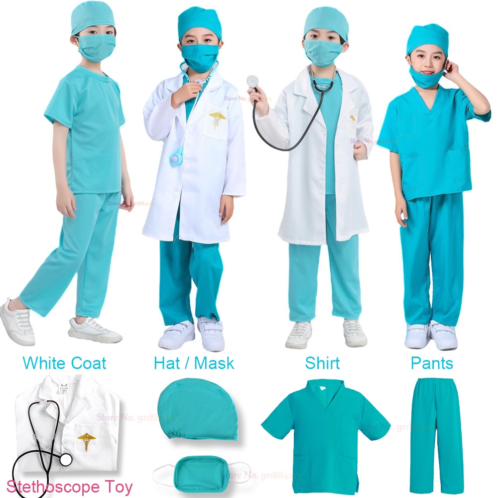 Boys Girls Doctor Nurse Shirt Pants Coat Hat Suit Adults Kids Halloween Cosplay Costume Children Par