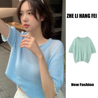 Zhelihangfei เสื้อยืดแขนสั้น ประดับมุก สีฟ้า