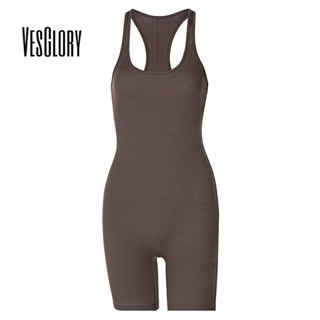 Vesglory ชุดจั๊มสูท คอยู ผ้าถัก เอวสูง ทรงสกินนี่ สีพื้น แฟชั่นสําหรับผู้หญิง