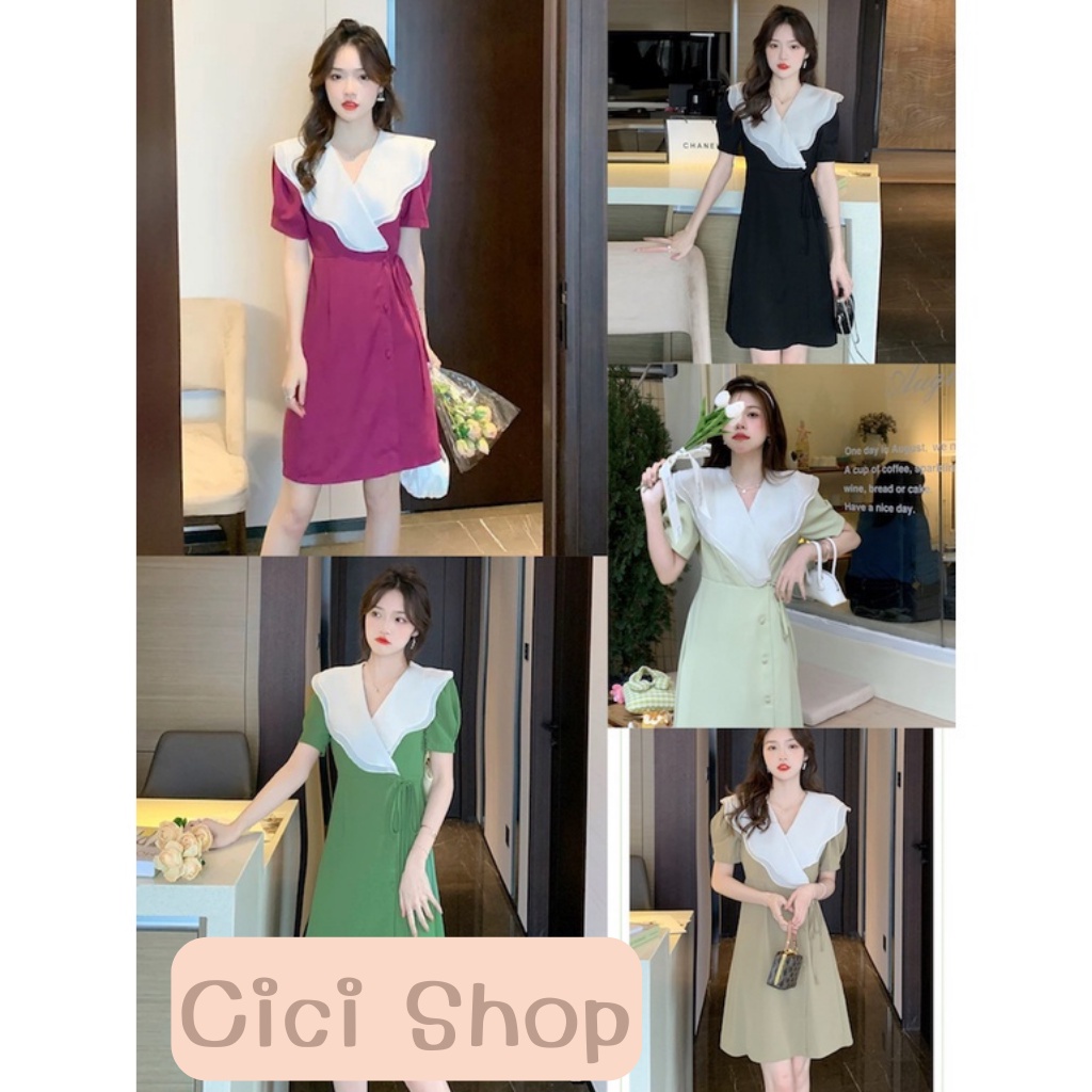 Cicishop(SALE  2272)Korean dress เดรสสั้นคอแต่งระบาย เนื้อผ้าดี สไตล์ลูกคุณหวานมากๆ
