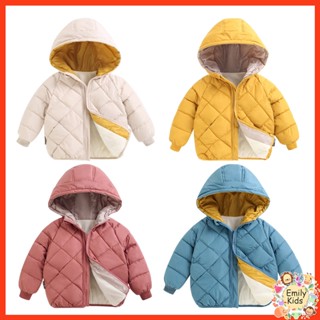 พร้อมส่ง เสื้อโค้ท ผ้าฝ้าย แบบหนา มีฮู้ด แต่งซิป ลายสก๊อต สีพื้น สําหรับเด็กผู้ชาย และเด็กผู้หญิง อายุ 2-7 ปี