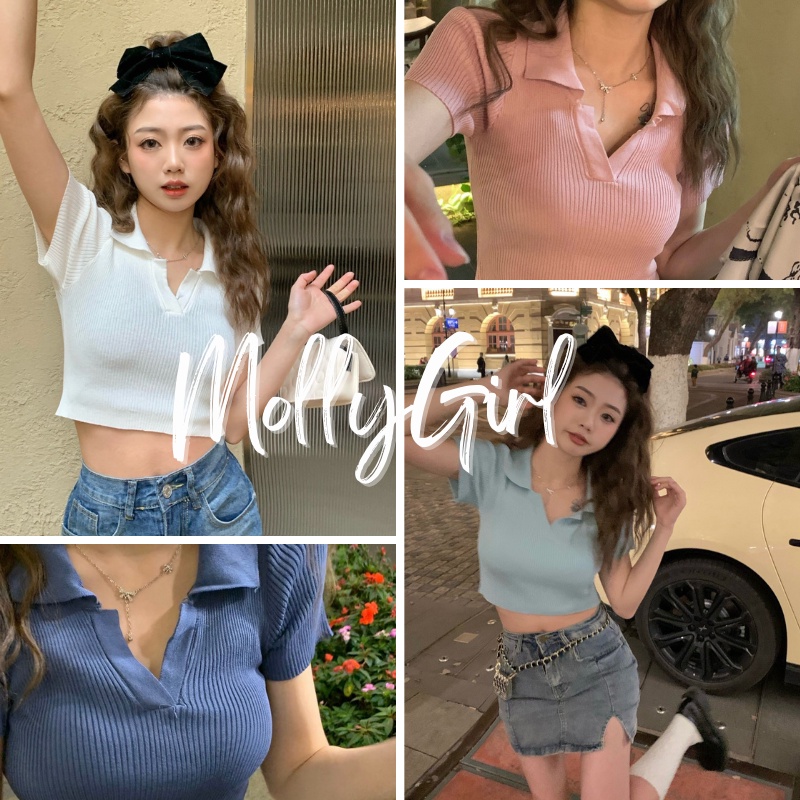 Mollygirl เสื้อครอปคอปก เซ็กซี่เน้นรัดรูป เสื้อครอปหญิง เสื้อแฟชั่นผญ
