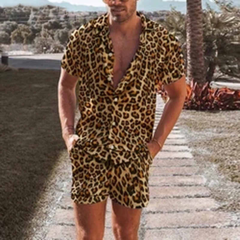 ASummer Men Hawaiian Sets Blue Floral Printing Short Sleeve Button Shirt Beach Shorts  Two Set Casual Holiday Men's  #4