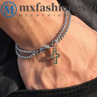 Mxfashione สร้อยข้อมือสเตนเลส แบบกลวง พร้อมจี้ไม้กางเขน สไตล์พังก์ ฮิปฮอป