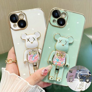 6D Straight Edge Electroplate Soft Thin Casing OPPO A17 A76 A16K A16S A16 A16E A74 5G A96 A95 4G A55 A54 Cute Cartoon Candy Beads Gloomy Bear Kaws Quicksand Stand Tpu Fine Hole Lens Protection Phone Case MMT 09