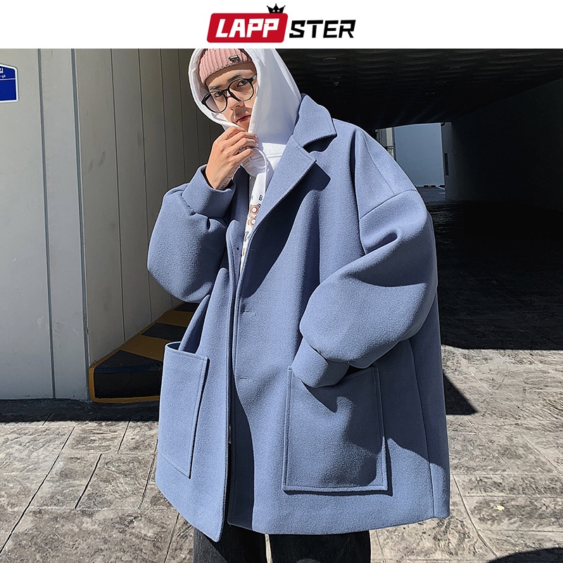 LAPPSTER Men Korean Fashions Wool Trench Coat 2022 Overcoat Mens Japanese Streetwear Winter Coat Harajuku Khaki Jackets 