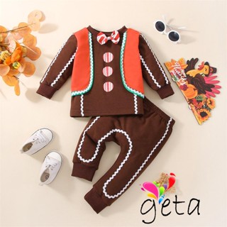 Geta- ชุดเสื้อคอกลม แขนยาว พร้อมโบว์ และกางเกง สีตัดกัน แฟชั่นฤดูใบไม้ร่วง สําหรับเด็กผู้ชาย