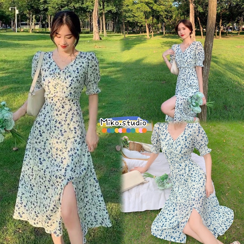 Miko พร้อมส่ง เดรส ย้อนยุคฝรั่งเศสหวานรักครั้งแรกชุดเอวยาวลดน้ำหนักหรูหราคอวีชีฟองดอกไม้ชุดสำหรับผู้หญิง