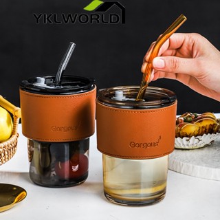 YKLWORLD 400ML ถ้วยแก้ว  พร้อมหลอดแก้ว สไตล์มินิมอล ฝาปิด ปลอกซิลิโคนกันร้อน