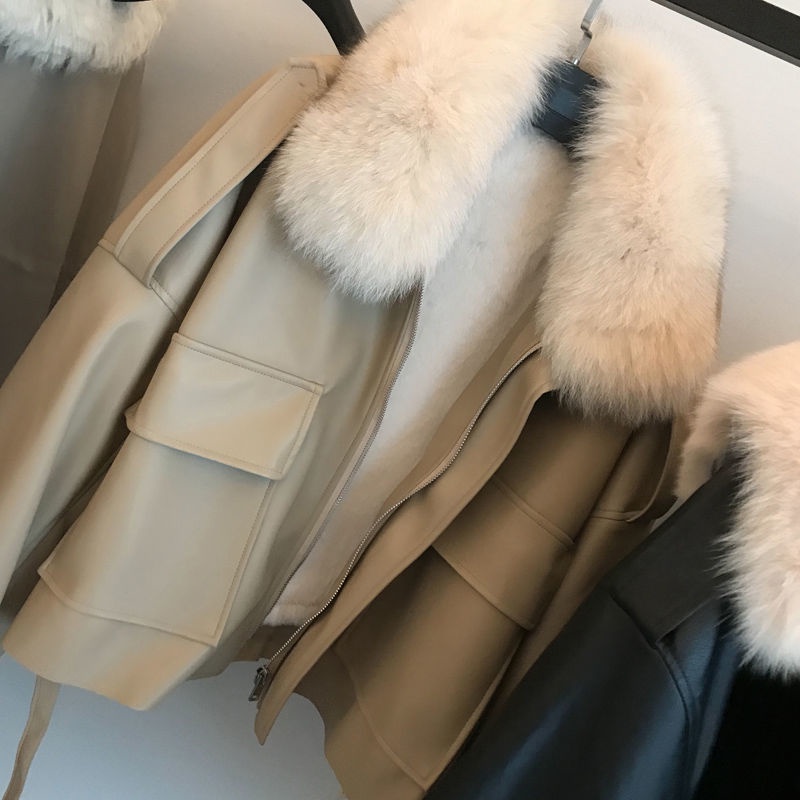 Chic Autumn Winter Detachable Faux Mink Fur Collar PU Bomber Jacket Plus Velvet Thick Trench Coat Faux Leather Zipper Ja #6