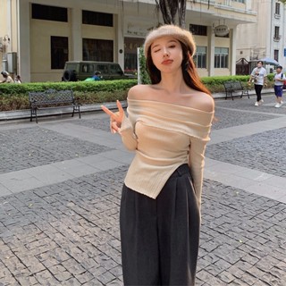 เสื้อท็อปส์ถัก แขนยาว เปิดไหล่ ลําลอง สําหรับผู้หญิง