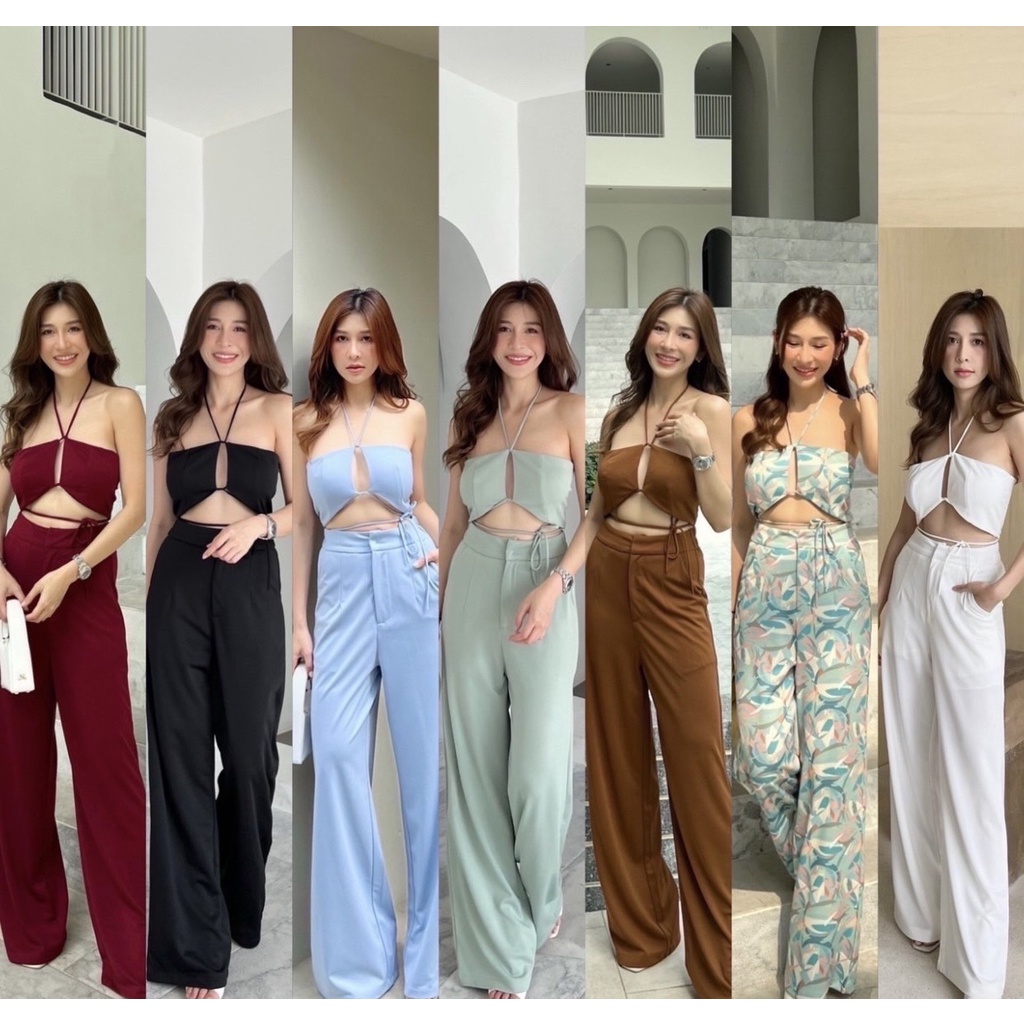 [สอบถามก่อนสั่ง] Newfula set เกาะอกคล้องคอ+กางเกงขายาว ชุดเซ็ตออกงาน ชุดไปทะเล #intuon