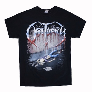 คอลูกเรือเสื้อยืดคอกลมเสื้อยืด พิมพ์ลายวง Obituary SLOWLY WE ROT ไซซ์ Mผ้าฝ้ายแท้