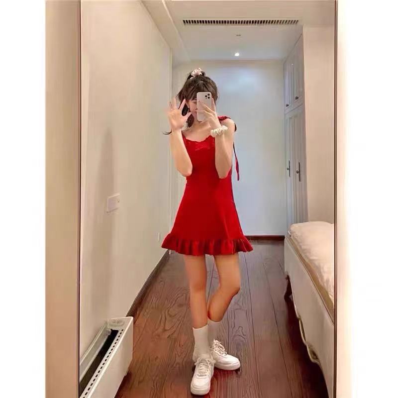 ﹍Blackpink Rose Korean retro style Sexy vocation red Ruffle Strap Dress French Vintage Lace Bow Mini Dresses #4