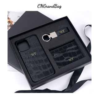 Customized Initials Gift Set Crocodile Pattern Leather Phone Case For iPhone Keychain Card Holder Gift Box Set Business