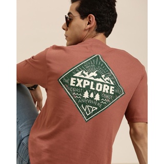 Mens Brown The Explore Graphic Printed Oversized T-shirt เสื้อเชิ้ต เสื้อคนอ้วน