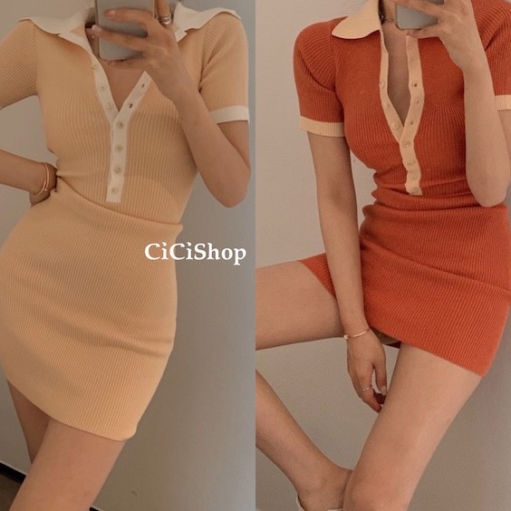 Cicishop(SALE/สุ่มสี 2521)เดรสไหมพรมคอปกแต่งกระดุม ทอร่องผ้ายืดได้เยอะ ตัดขอบสีทูโทนสวยมากก