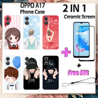 2 IN 1 เคสโทรศัพท์ OPPO A17 พร้อมกระจกนิรภัยกันรอยเซรามิกหน้าจอโค้งฟิล์มนิรภัยโรแมนติก