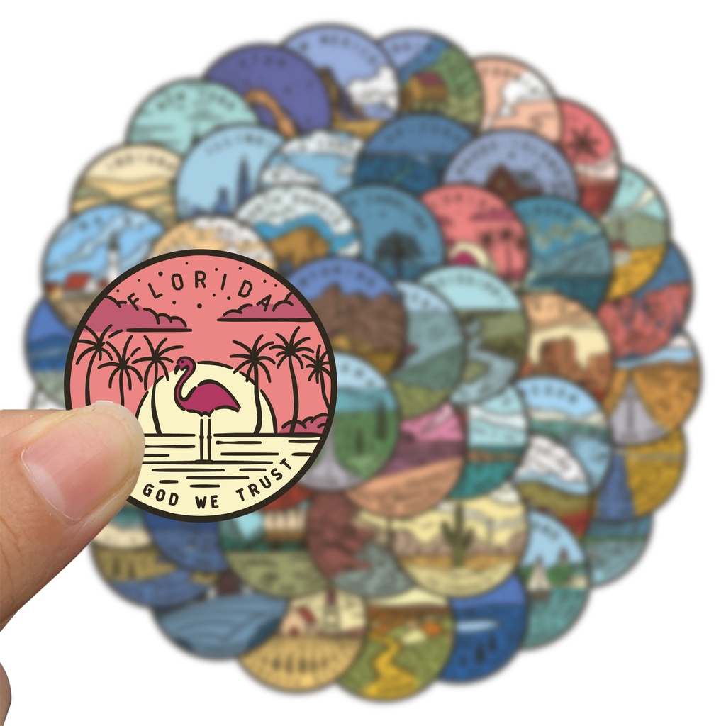 พร้อมส่ง！Camping Travel City USA California circle sticker vintage ticket สติกเกอร์กันน้ำ 50ชิ้น