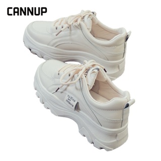 CANNUP รองเท้าผ้าใบ เสริมส้น 5 ซม. สีขาว แฟชั่นสำหรับผู้หญิง 0909001