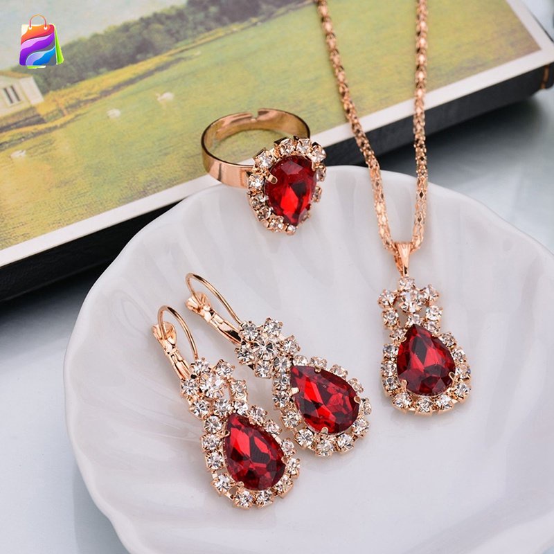 ชุดเครื่องประดับ ต่างหูห่วง ต่างหูหยดน้ํา ชุดเครื่องประดับสีแดง สร้อยคอจี้ผู้หญิง rhinestone/ต่างหู/