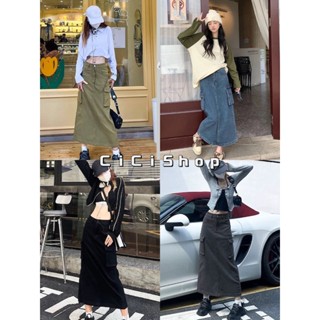 Cicishop(SALE 822)กระโปรงยีนส์ยาวคาร์โก้ Style y2K แต่งกระเป…