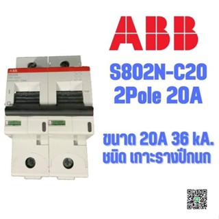 MCB ลูกเซอร์กิต ลูกย่อย ชนิดเกาะรางปีกนก ABB S802N-C20  2 Pole 20A 36kA.