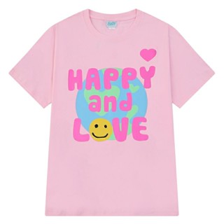 (10740) เสื้อยืดสีชมพู ลาย HAPPY AND LOVE ผ้าคอตตอน 100%