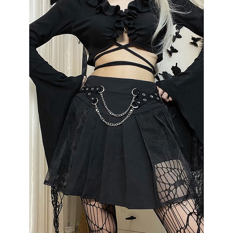 Chain Grunge Punk Women Pleated Skirts Hip Hop Patchwork High Waist Y2K  Mini Skirt Black Vintage JK Kawaii Skater Stree #5