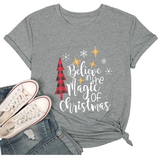 Believe Christmas T Shirt Women Merry Christmas Tree Tops Tees Gifts Short Sleeve Shirt DW406