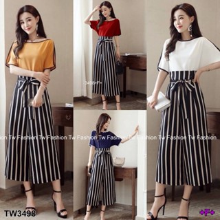 CS3498  Set 2 ชิ้น เสื้อกุ้นขอบ ผ่าแขน กับกางเกงลายริ้วเอวสูงผูกโบว์  Set of 2 pieces. Cropped top with slit sleeves and