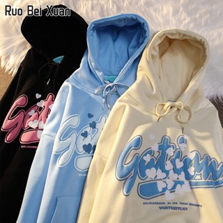 RUO BEI XUAN เสื้อสเวตเตอร์มีฮู้ดผู้หญิงสไตล์เกาหลีแฟชั่นหลวมพิมพ์ลาย