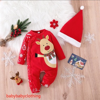 Babyclothes- ชุดจั๊มสูทรอมเปอร์ แขนยาว คอวี พิมพ์ลายต้นคริสต์มาส เกล็ดหิมะ ขนมปังขิง กวาง เอลก์ พร้อมหมวก สําหรับเด็กผู้ชาย เด็กผู้หญิง