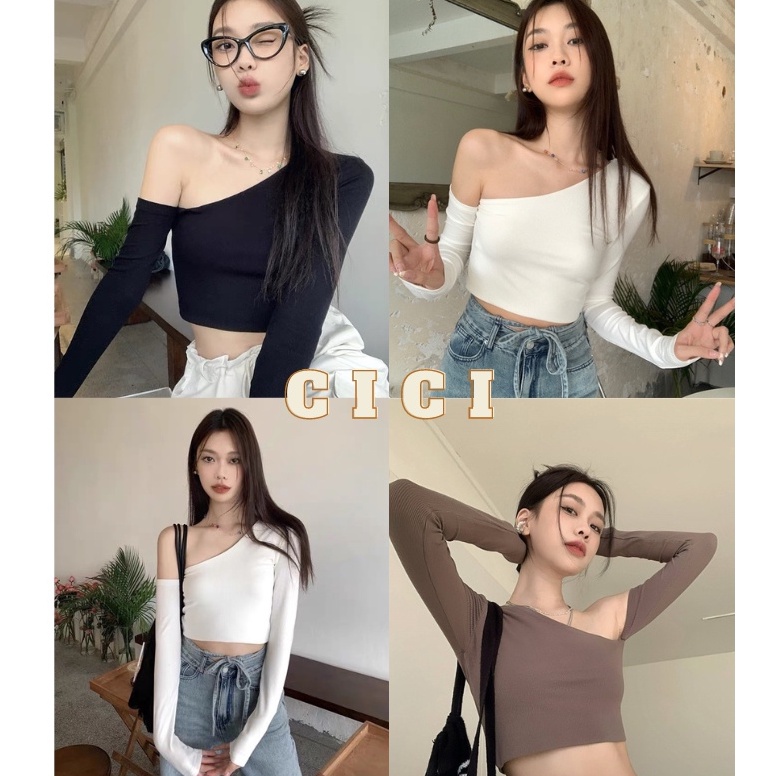 ส่งทันที Cici ❣🇹🇭🚚พร้อมส่ง❣(J281)Basic croptop เสื้อครอปปาดไหล่เฉียงเก๋ๆ ทรงสุดฮิตเบสิคแมตช์ง่าย