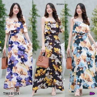 18104 เดรสยาว ปาดไหล่ ลายดอกใหญ่ Long dress, off the shoulder, large floral print