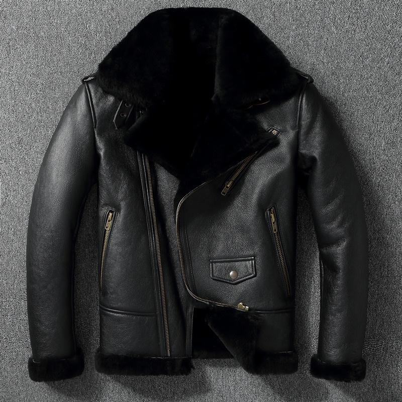 BThick Warm Genuine Sheepskin Real Fur Shearling Jackets for Men Leather Jacket Mens Biker Clothing Men's Coat Winte #4
