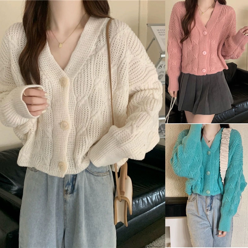Dahong เสื้อกันหนาว เสื้อคาร์ดิแกนไหมพรมผู้หญิง ​ผ้าถัก ทรงหลวม สไตล์เกาหลี 8K75