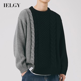 Ielgy เสื้อกันหนาว คอกลม ทรงหลวม สไตล์ญี่ปุ่น บล็อกสี สําหรับผู้ชาย คู่รัก