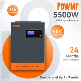 PowMr MPPT 5.5KW Pure Sine Wave Solar Hybrid Inverter ในตัว 80A / 100A ตัวควบคุมการประจุพลังงานแสงอาทิตย์รองรับ 48V Lifepo4 แบตเตอรี่ 230VAC PV อินพุต 150-500Voc รองรับแบบขนาน 12 หน่วย