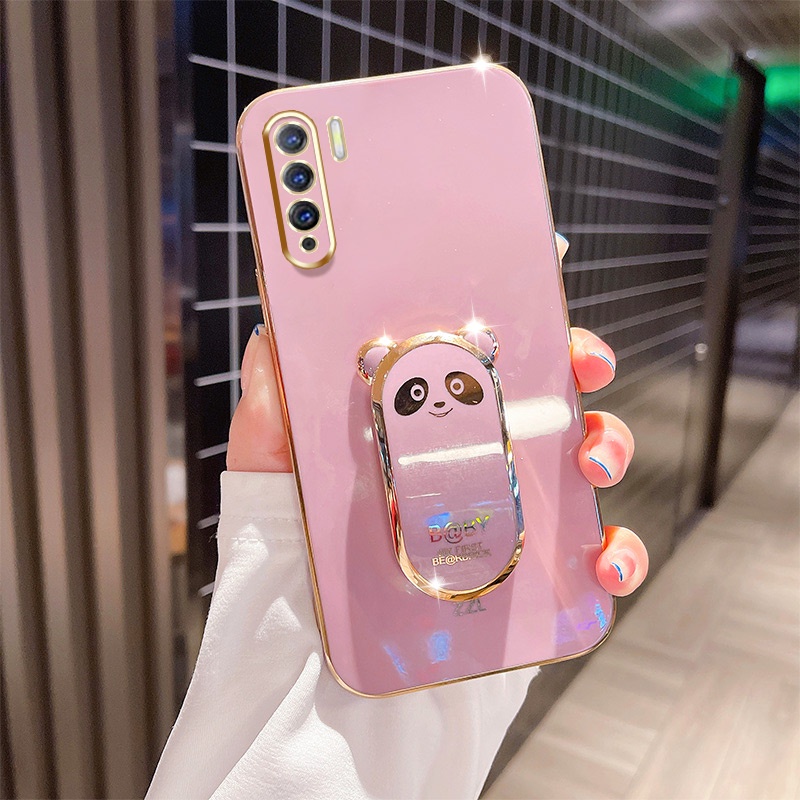 OPPO Reno 3 4G F15 A91 Cartoo ขาตั้งหมีน่ารัก 6D หรูหรา Fine Hole กล้อง Ultra-thin Plating Case