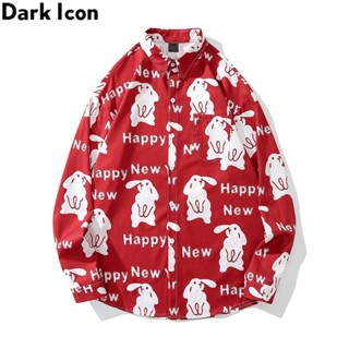 เสื้อเชิ้ตแขนยาว คอปก พิมพ์ลายกระต่าย สีแดงเข้ม สําหรับผู้ชาย และผู้หญิง