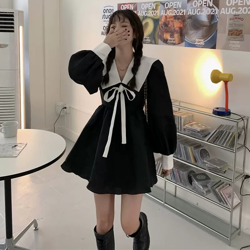 BVintage Gothic Lolita Dress Women Harajuku Black Bandage White Mini Dress Autumn Plus Size Long Sleeve High Waist Party #4