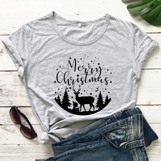 เสื้อยืด Winter Merry Christmas T Shirt Women Cute Xmas Gift Tshirt Aesthetic Women Short Sleeve Reindeer Holiday Tee